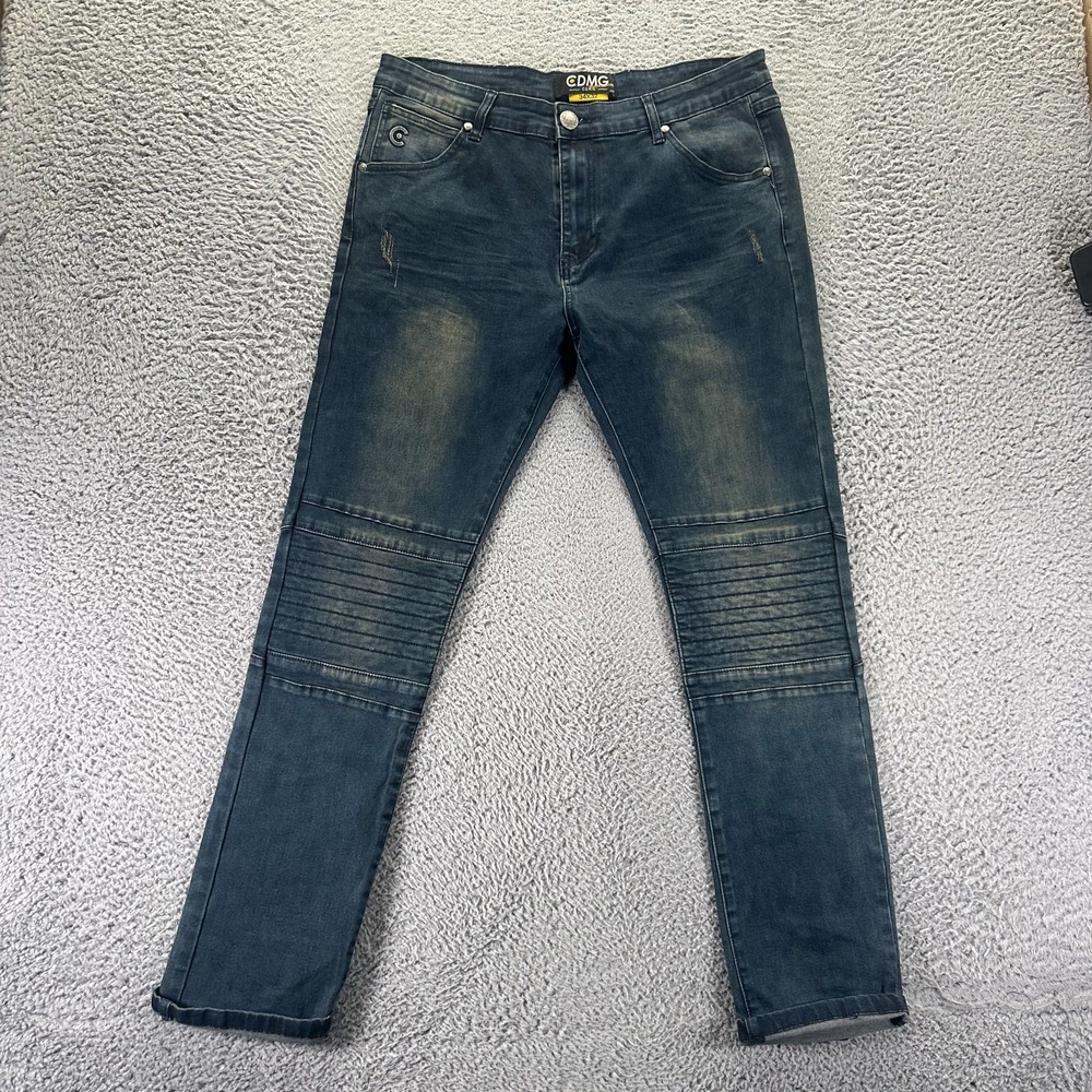 CDMG Jeans Mens 34x32 Blue Cotton Denim Straight Leg Biker Moto Faded Stretch